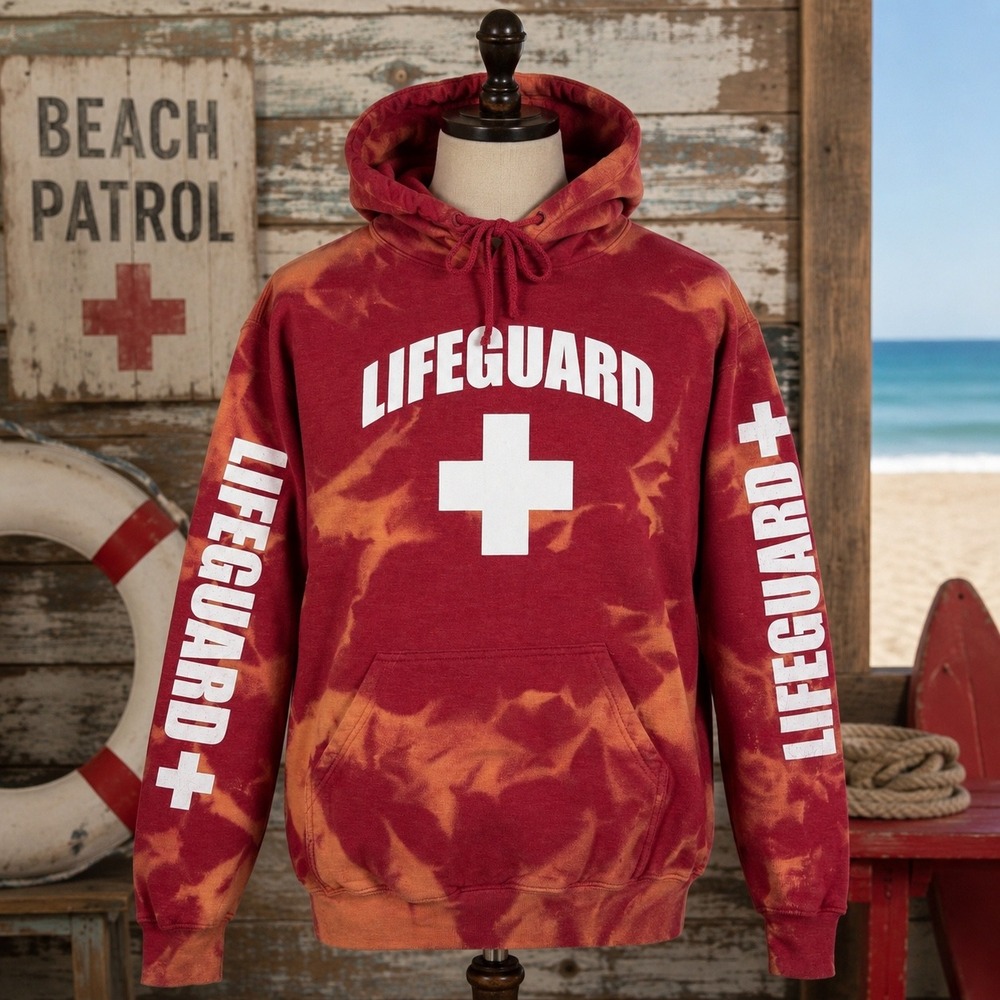 Lifeguard Hoodie Sweatshirt Red Orange Acid Wash Tie Dye Men Medium Logo Graphic